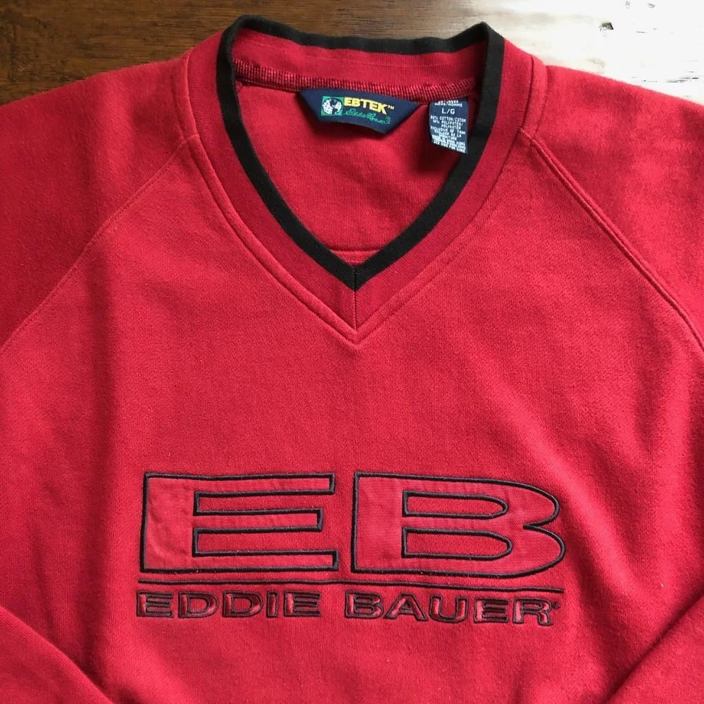Eddie Bauer Ebtek red vneck sweatshirt mens L - Picture 2 of 5